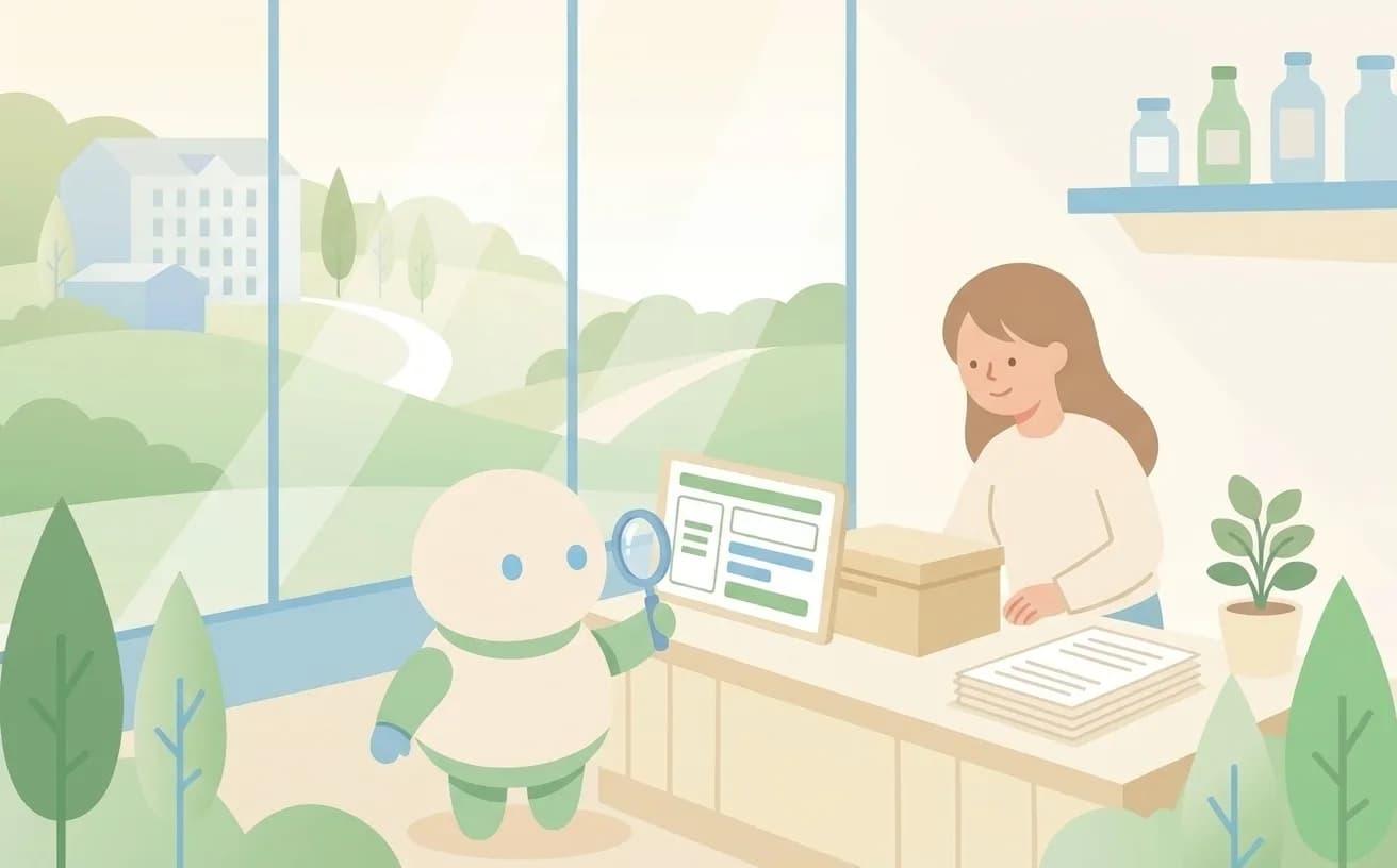 AIロボットが虫めがねでウェブページを読むイラスト