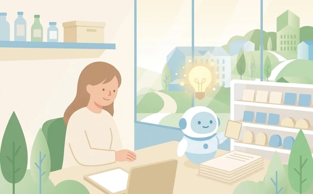 AIロボットがウェブページの棚からカードを読み取るイラスト