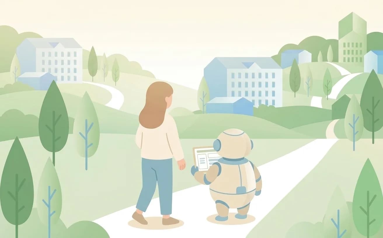 店主とAIロボットが並んで道を歩き、ホームページのカードを大事に抱えているイラスト
