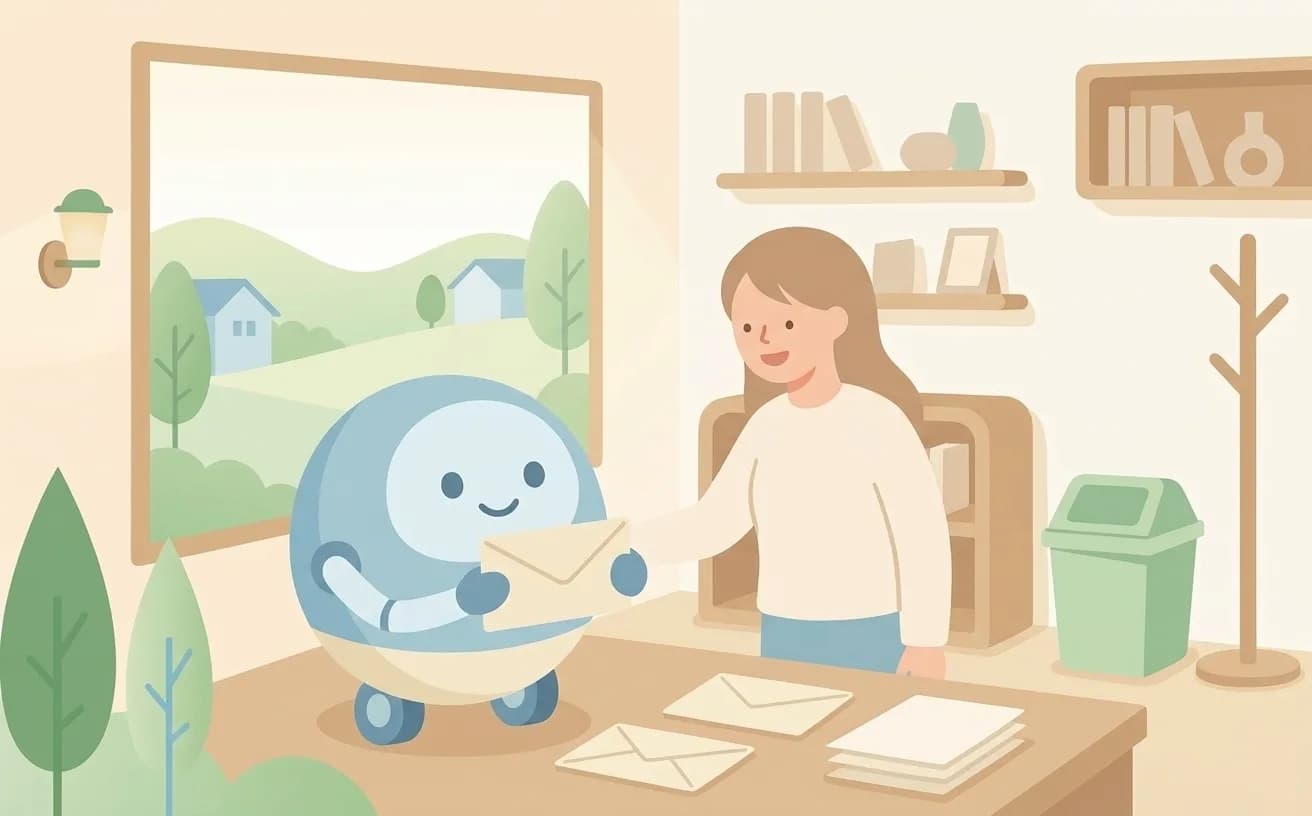 AIロボットが届いたお問い合わせの封筒を大事そうに受け取り、店主が微笑みながら見守っているイラスト