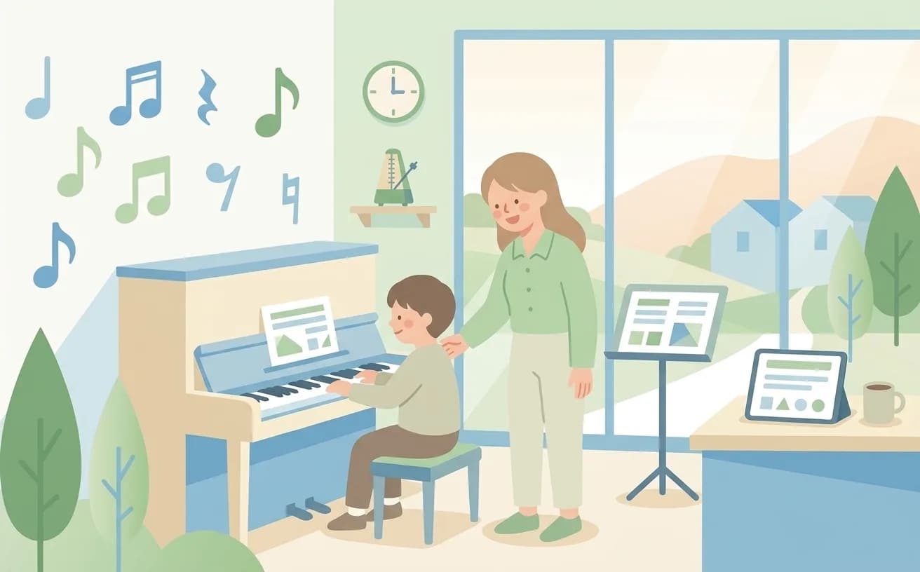 音楽教室でピアノを弾く子どもと見守る先生のイラスト