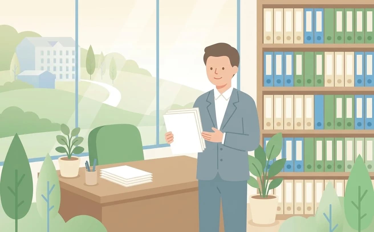 書類を手にした専門家が、落ち着いたオフィスに立っているイラスト