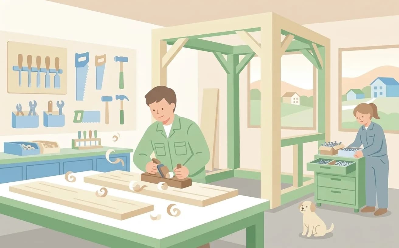 工務店の作業場で職人が木材にカンナをかけているイラスト
