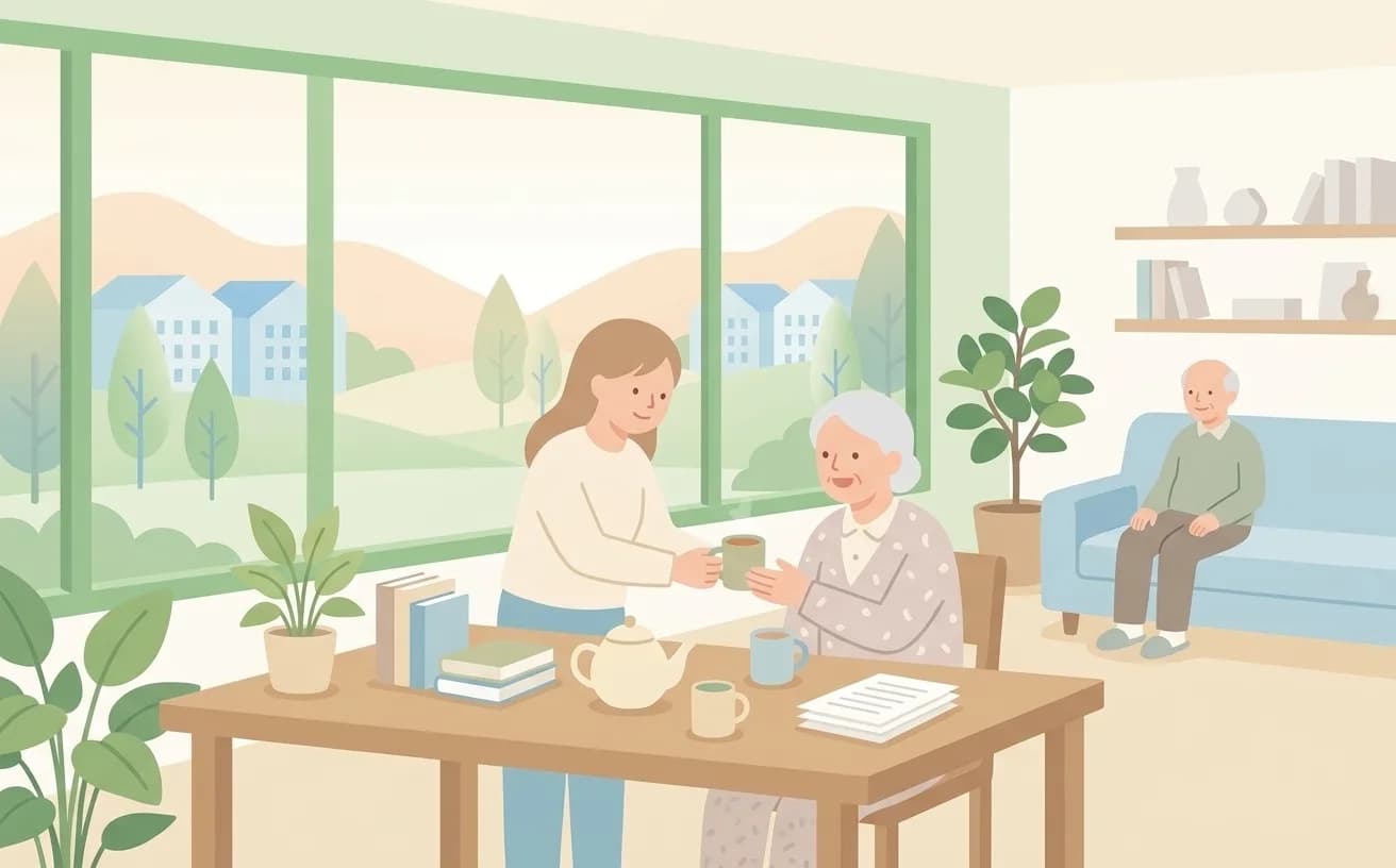デイサービスの談話室でスタッフが高齢者にお茶を差し出しているイラスト