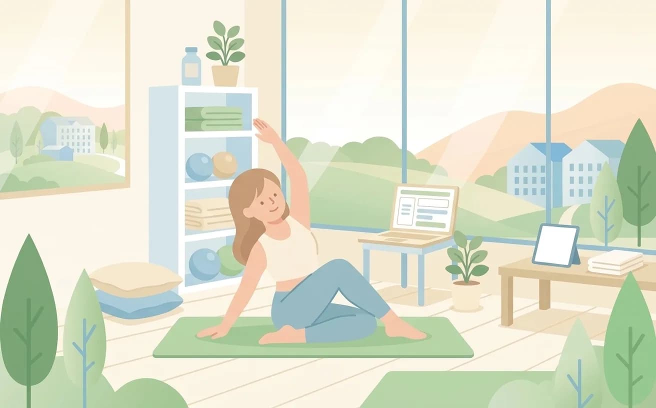 明るいスタジオでインストラクターがポーズをとっているイラスト