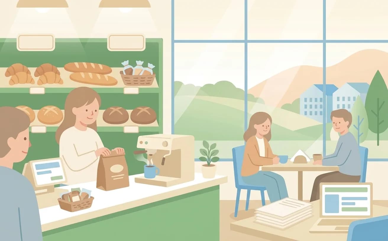 焼きたてパンが並ぶベーカリーカフェで、店主が接客しているイラスト