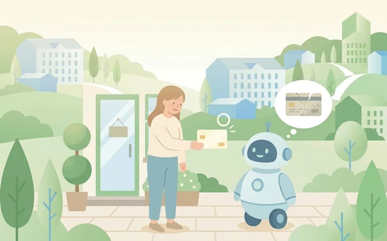 店主が、AIロボットの吹き出しに浮かぶ古びた情報カードを、新しい正しいカードに差し替えようとしているイラスト