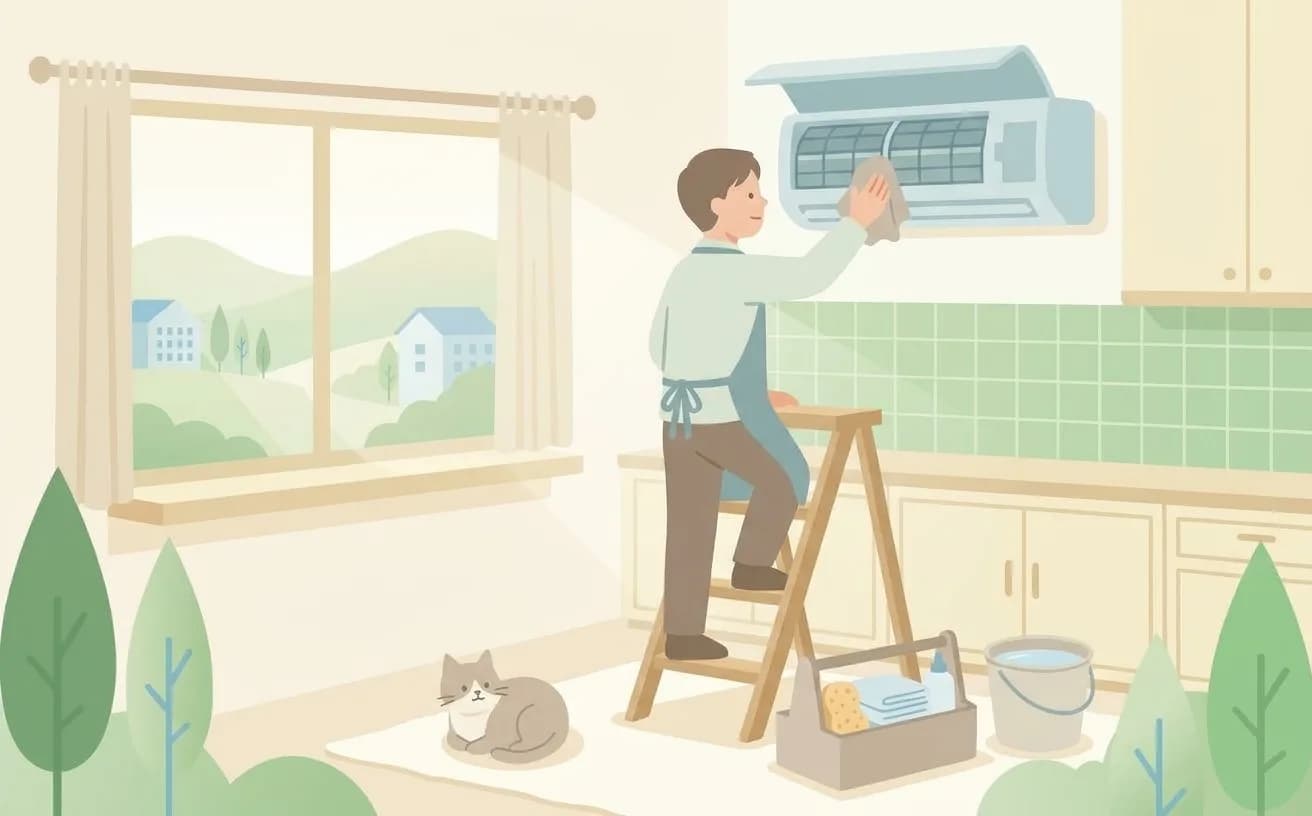 明るい住宅のキッチンで、作業着とエプロン姿の作業者が脚立に乗り、カバーを開けた壁掛けエアコンを布で拭いている。足元には道具箱とバケツ、床には猫が座っているイラスト