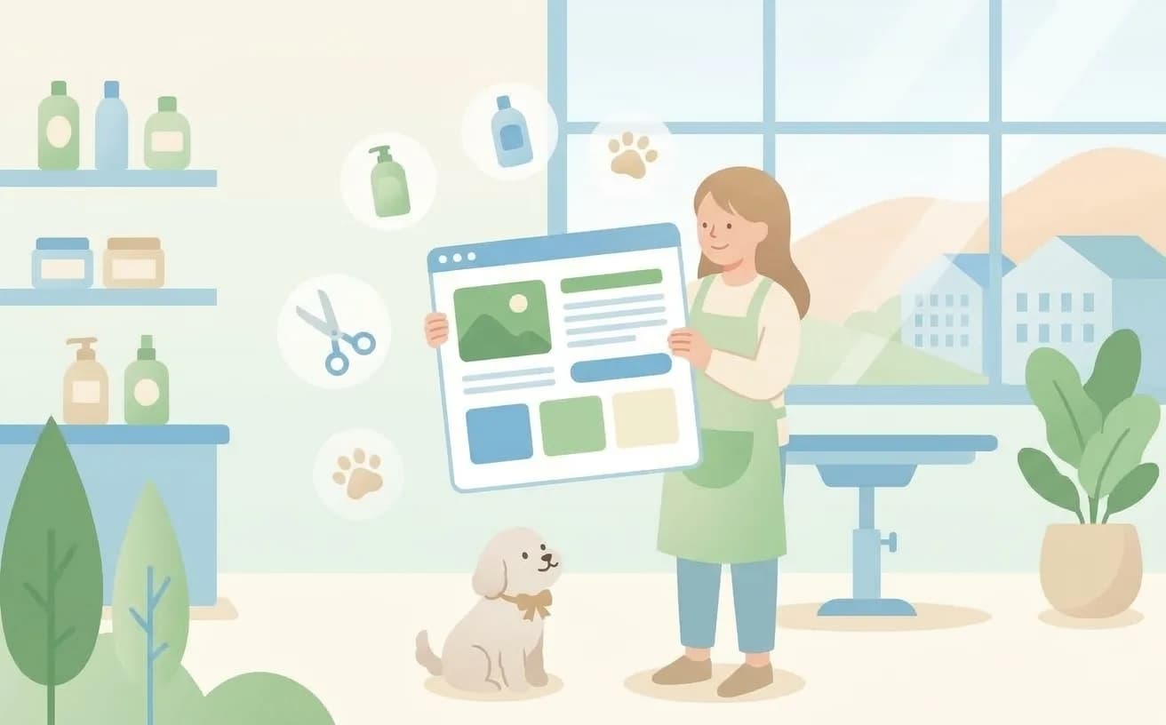 ペットサロンのスタッフが小型犬のそばでホームページのカードを掲げているイラスト
