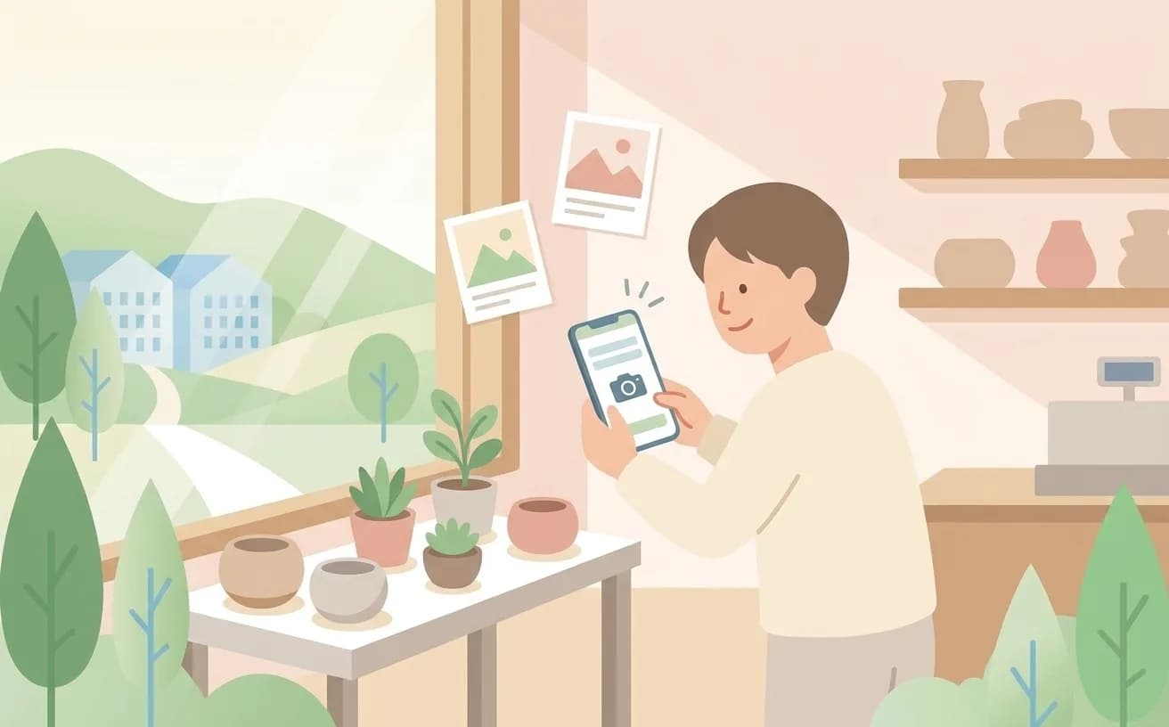 窓際の明るい光の中、店主がスマートフォンで店内の商品を撮影しているイラスト。撮れた写真のカードが数枚浮かんでいる