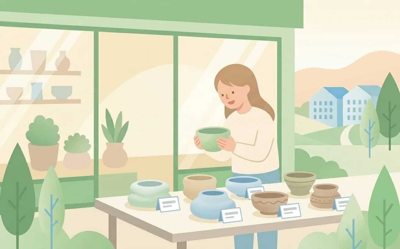 店主が明るい店先のテーブルに並んだ形の異なる器(テンプレートの選択肢)を見比べながら1つを選び取ろうとしているイラスト