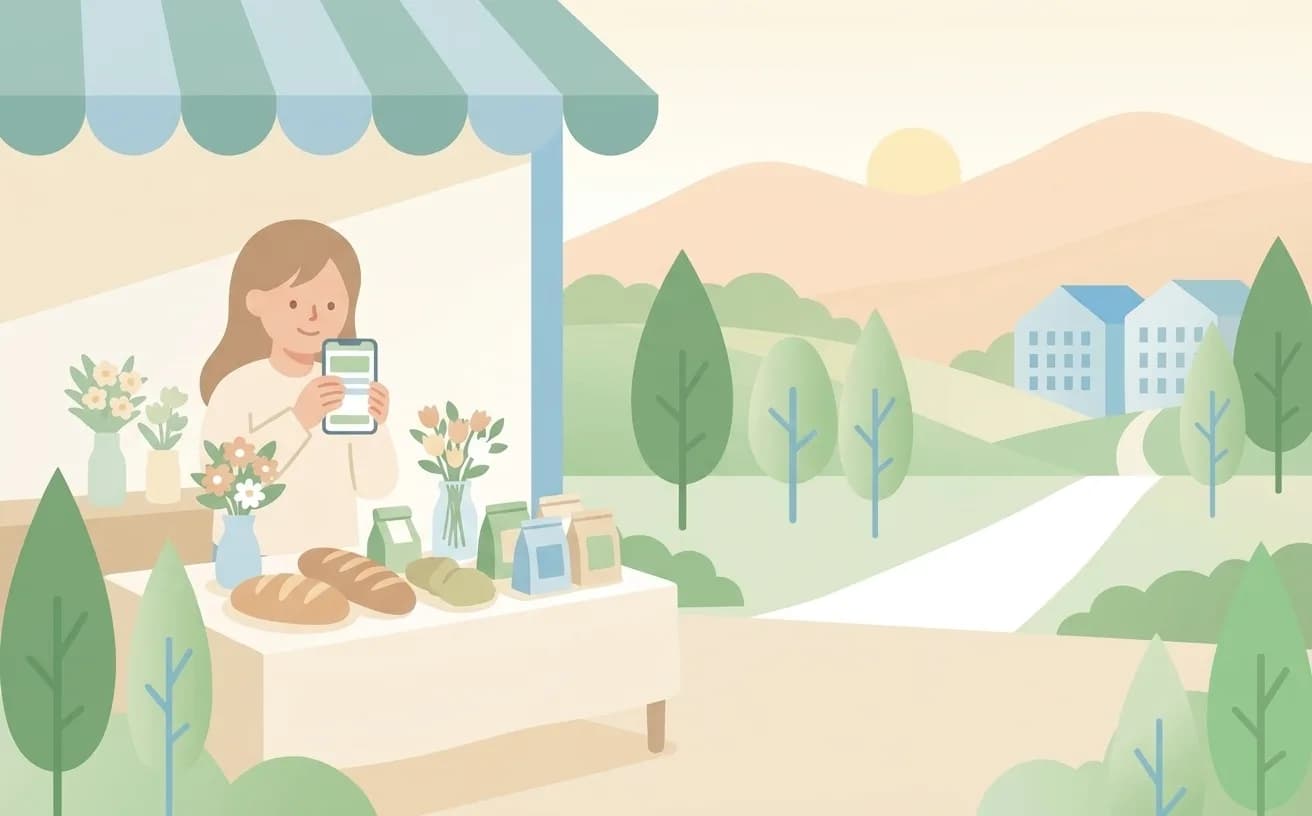 店先の商品をスマートフォンで撮影する店主のイラスト
