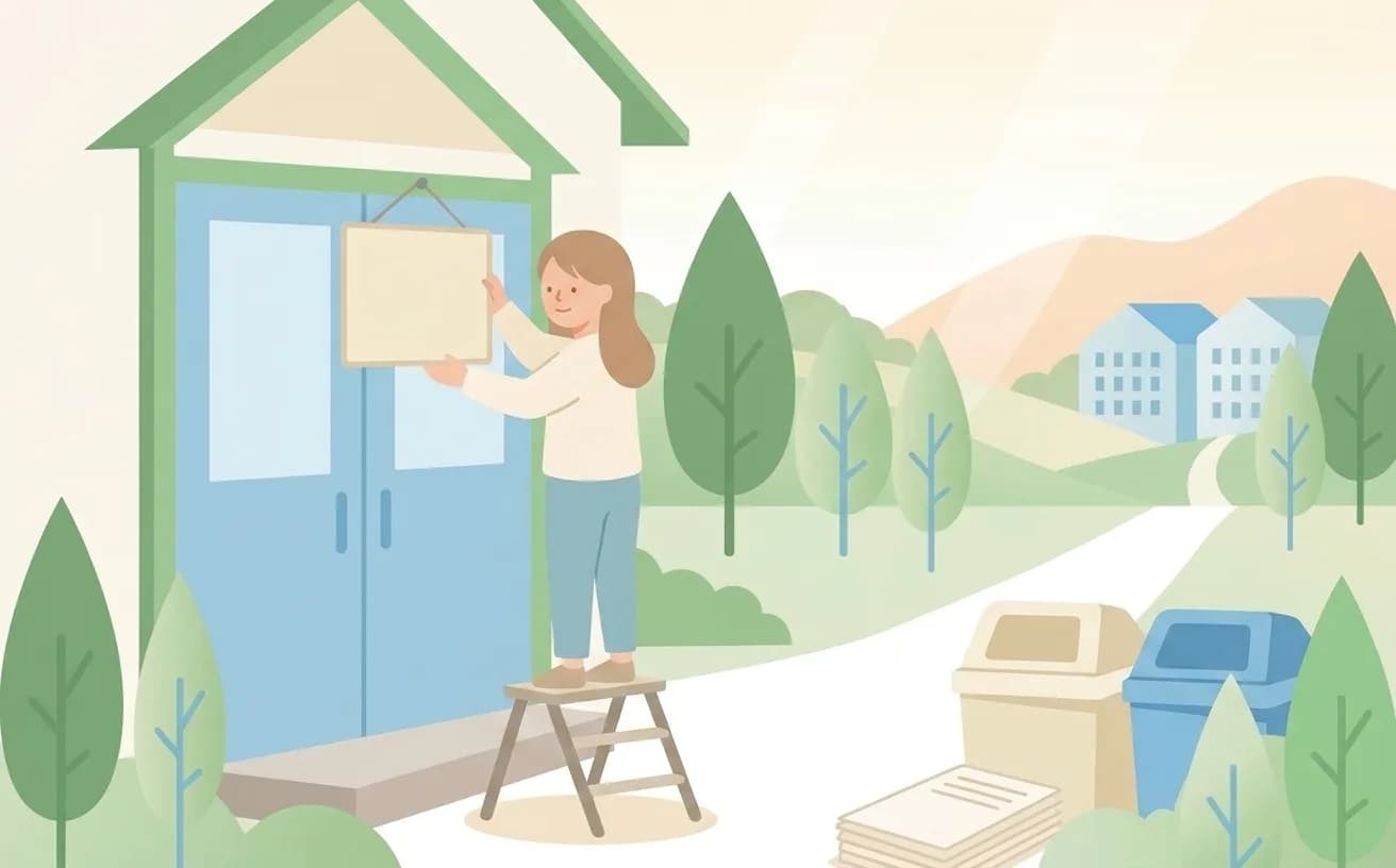 脚立に乗って店先に看板を掛ける店主のイラスト