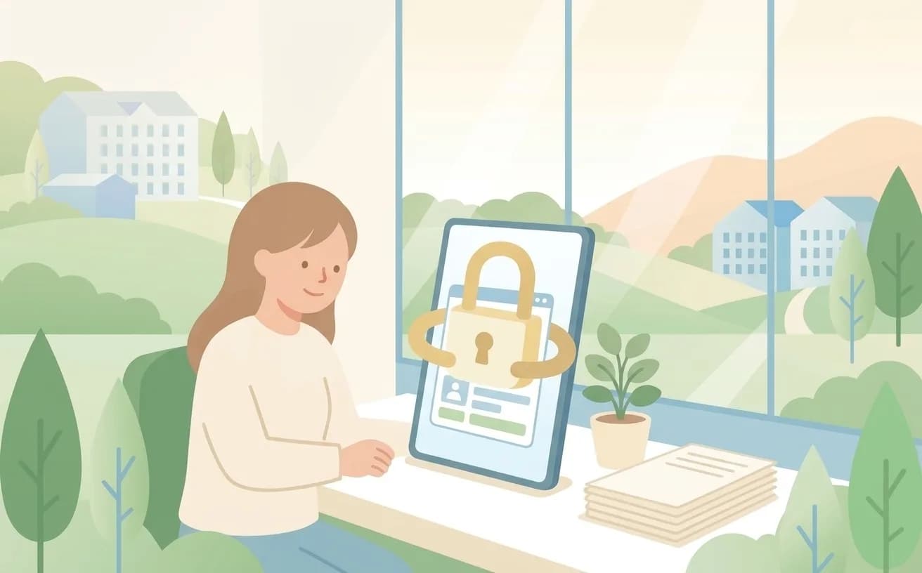 南京錠がウェブページをやさしく抱えているイラスト