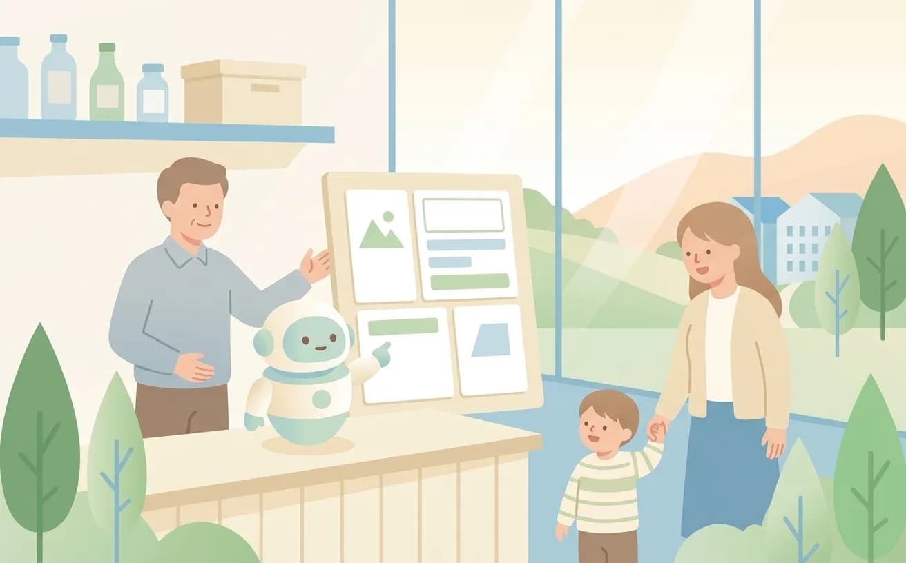 AIロボットが店主のホームページを来店客に案内しているイラスト