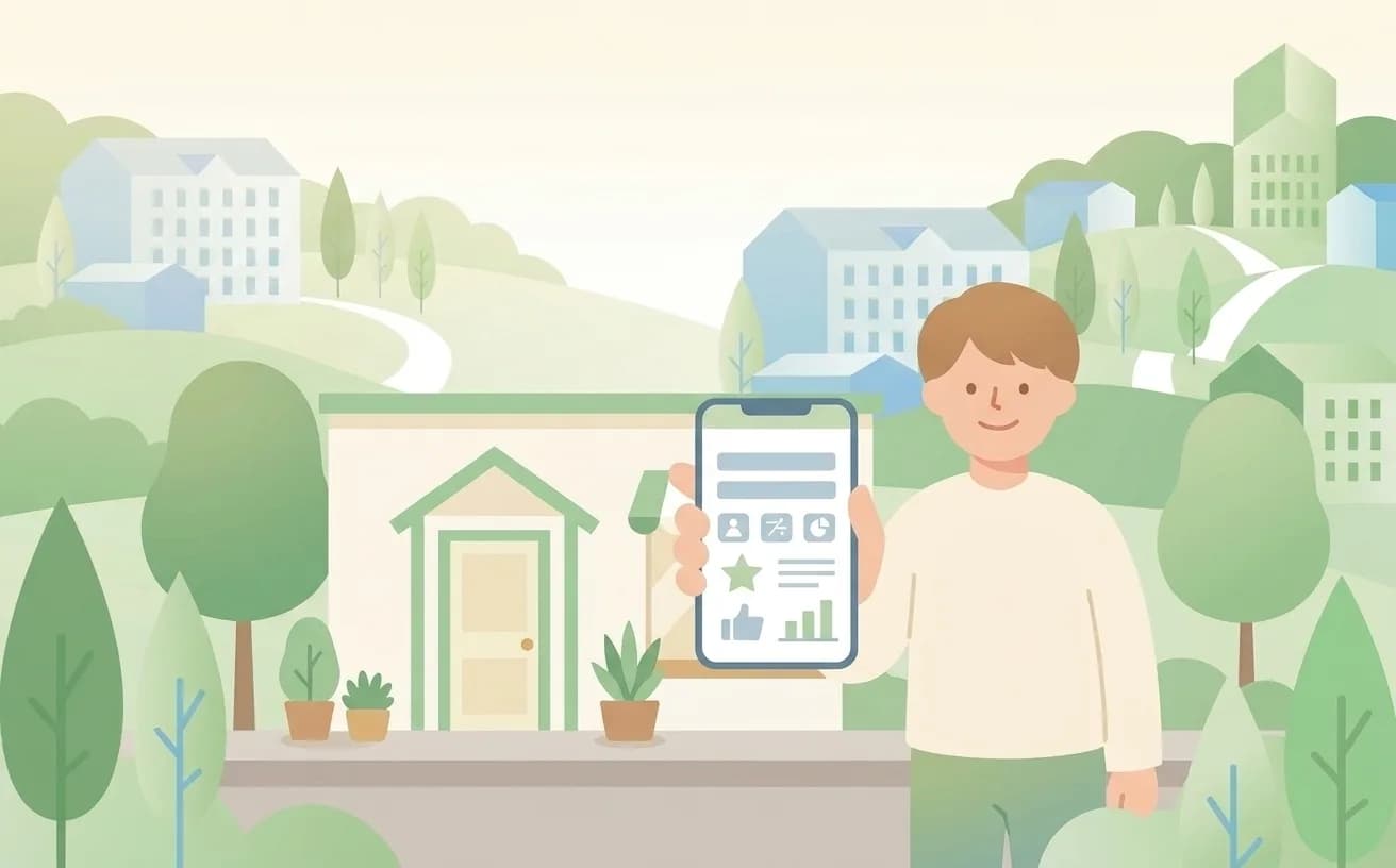 店先でスマートフォンに自分のホームページを表示して見せる店主のイラスト