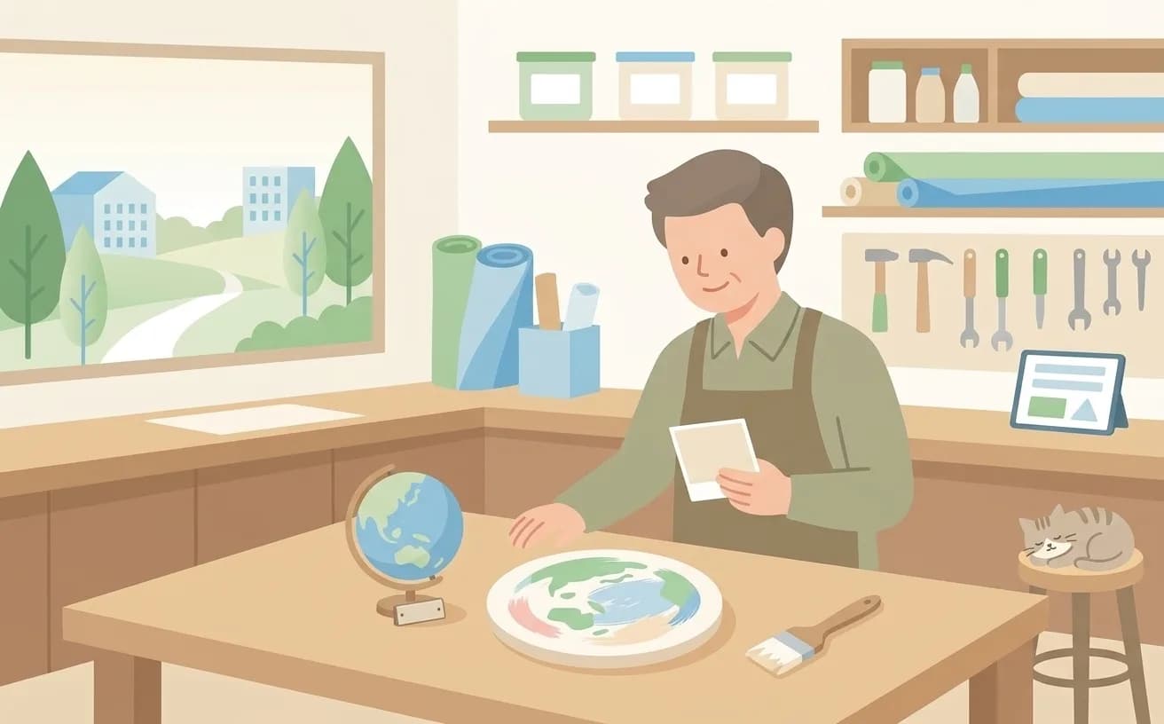 工房のような部屋で、店主がロゴマークの色見本と地球儀を見比べているイラスト