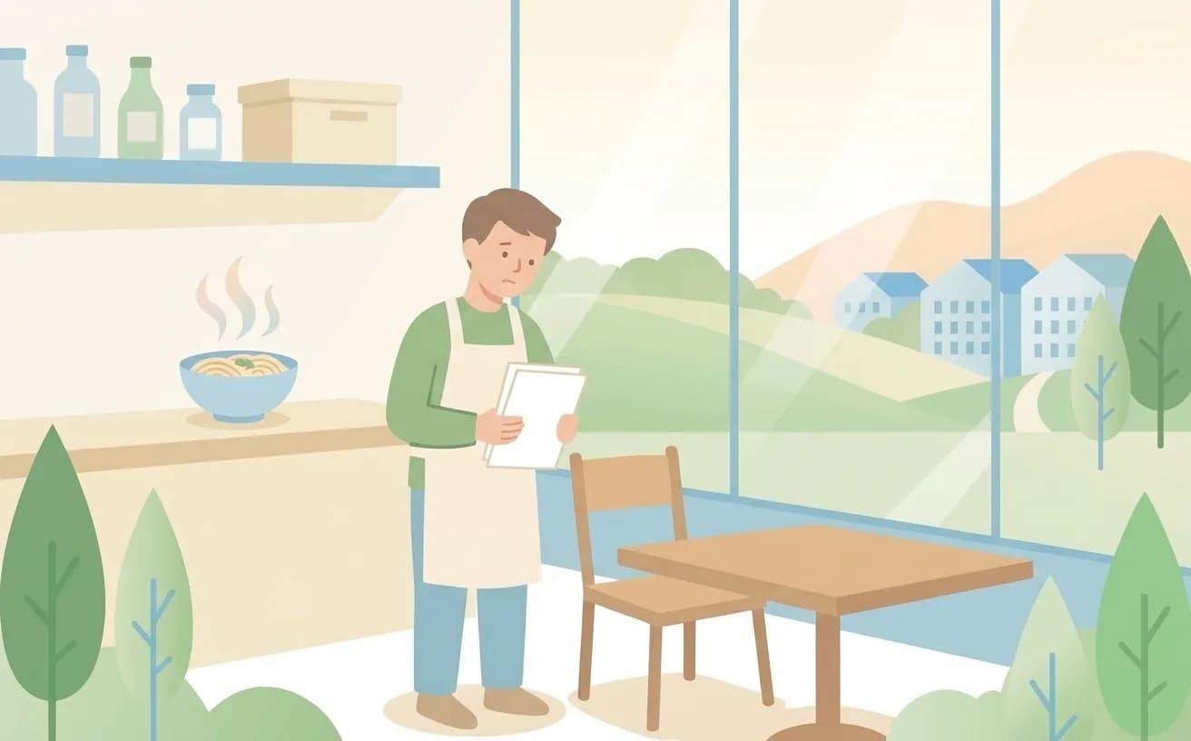 チラシを抱えて悩んでいる飲食店の店主のイラスト