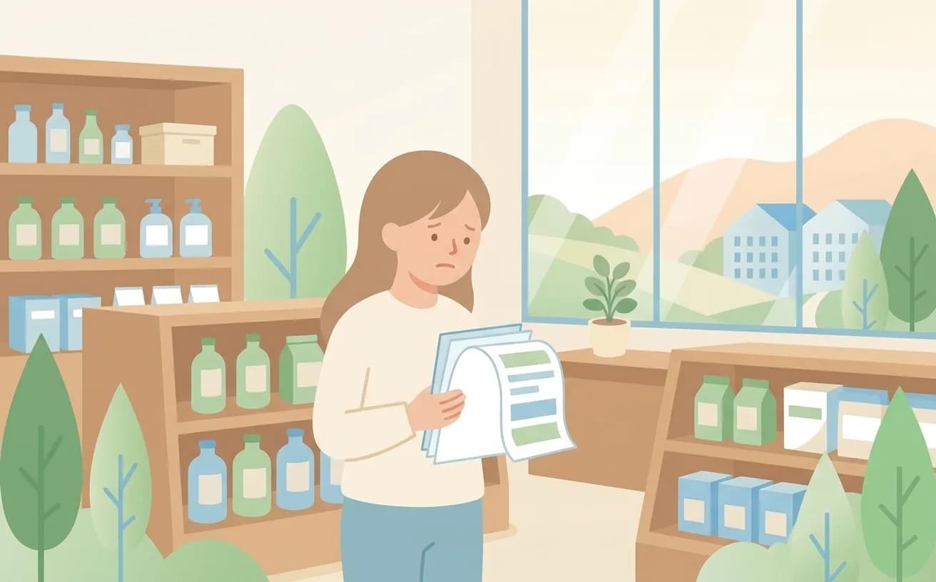 チラシを手に困っている小売店の店主のイラスト