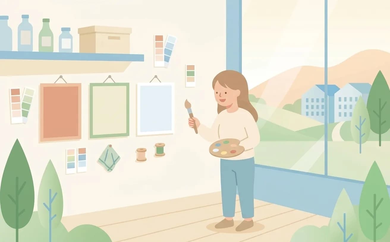 店主が壁に掛かった3枚の雰囲気の違うテンプレートカードを、絵筆とパレットを手に見比べているイラスト