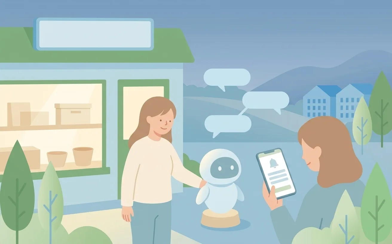 夜の店先でAIロボットと客のスマートフォンが吹き出しでつながるイラスト