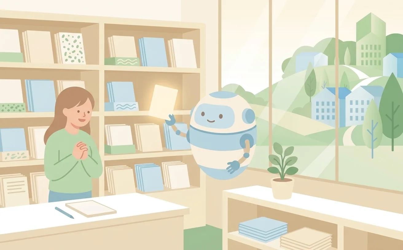 AIロボットが棚から1枚のページカードを選び取るイラスト
