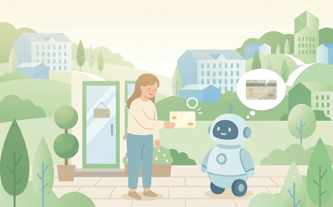 店主が、AIロボットの吹き出しに浮かぶ古びた情報カードを、新しい正しいカードに差し替えようとしているイラスト