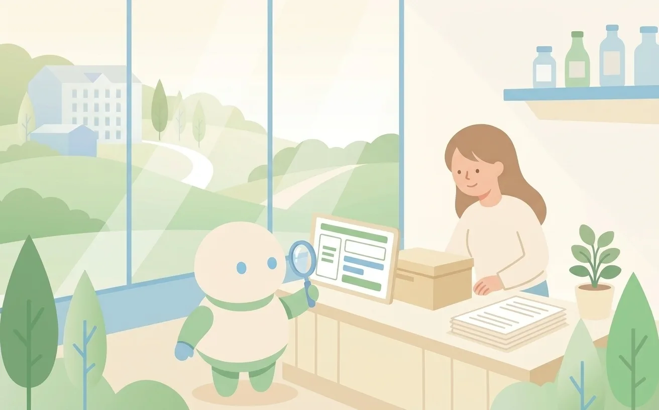 AIロボットが虫めがねでウェブページを読むイラスト