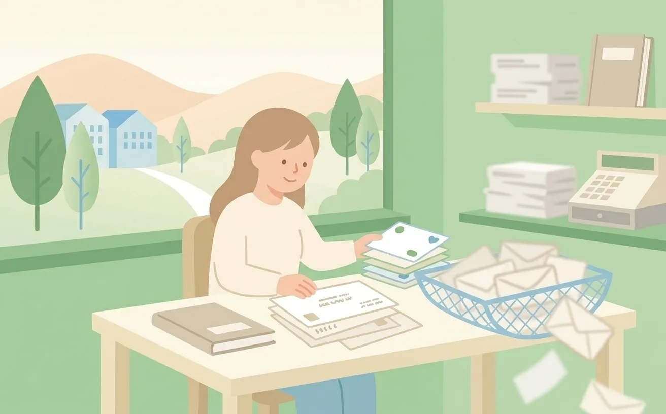 店主が机の上で問い合わせの封筒を仕分けしているイラスト。本物の問い合わせは大切に受け取り、怪しい封筒は網目状のふるいの上で弾かれてこぼれ落ちている
