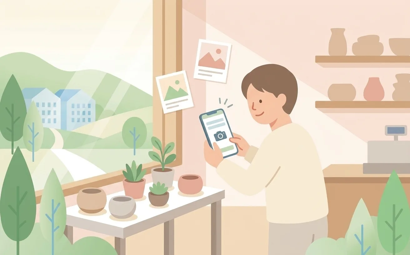 窓際の明るい光の中、店主がスマートフォンで店内の商品を撮影しているイラスト。撮れた写真のカードが数枚浮かんでいる