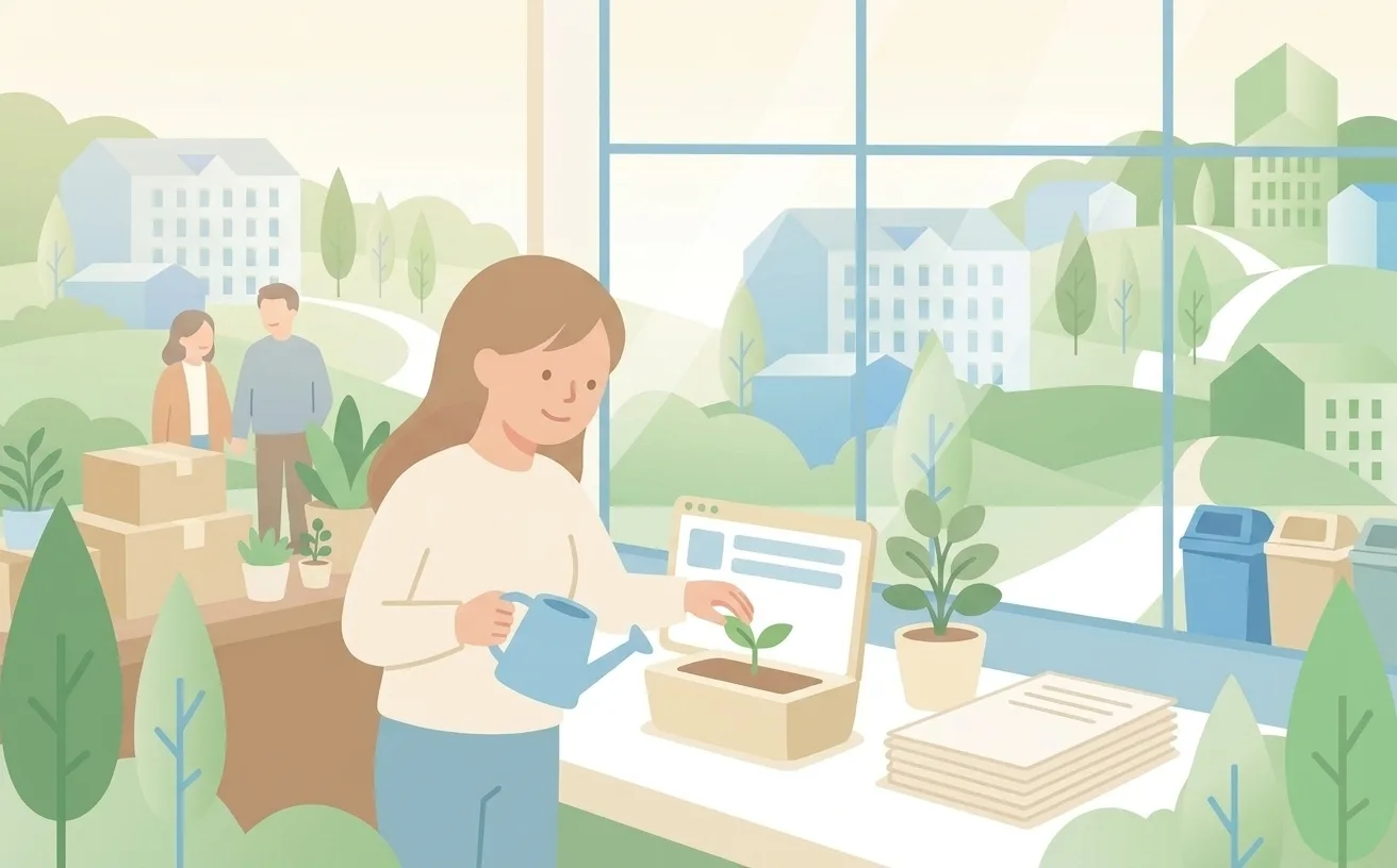 ブラウザ型の植木鉢に苗を植える店主のイラスト