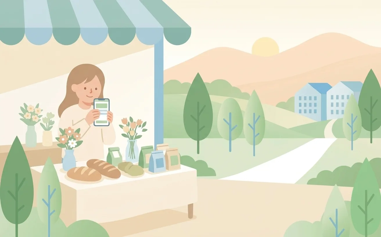 店先の商品をスマートフォンで撮影する店主のイラスト