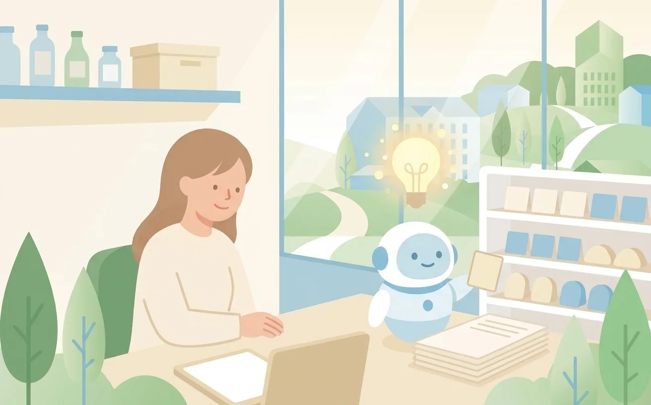 AIロボットがウェブページの棚からカードを読み取るイラスト