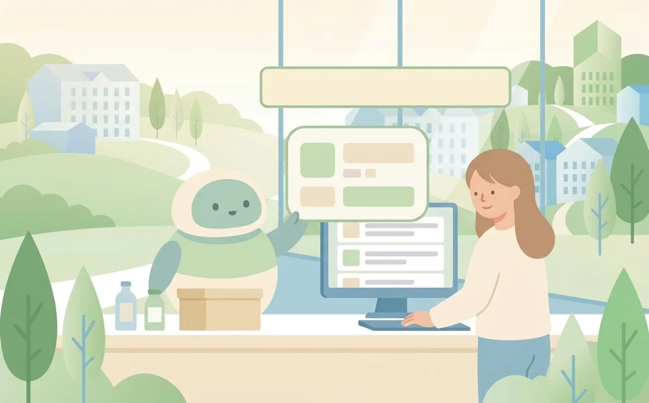 検索窓の下でAIロボットが要約カードを差し出すイラスト
