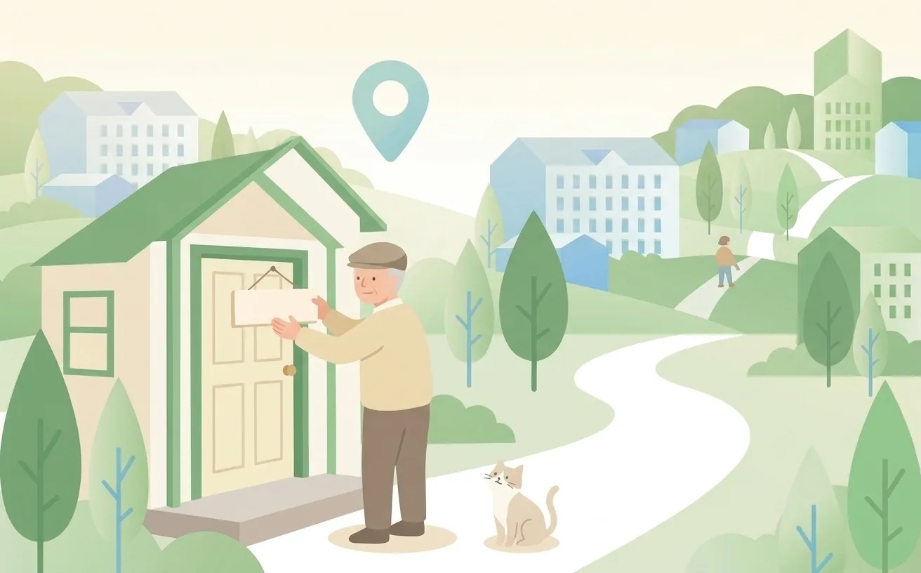 家の玄関に表札を掛ける店主と住所ピンのイラスト