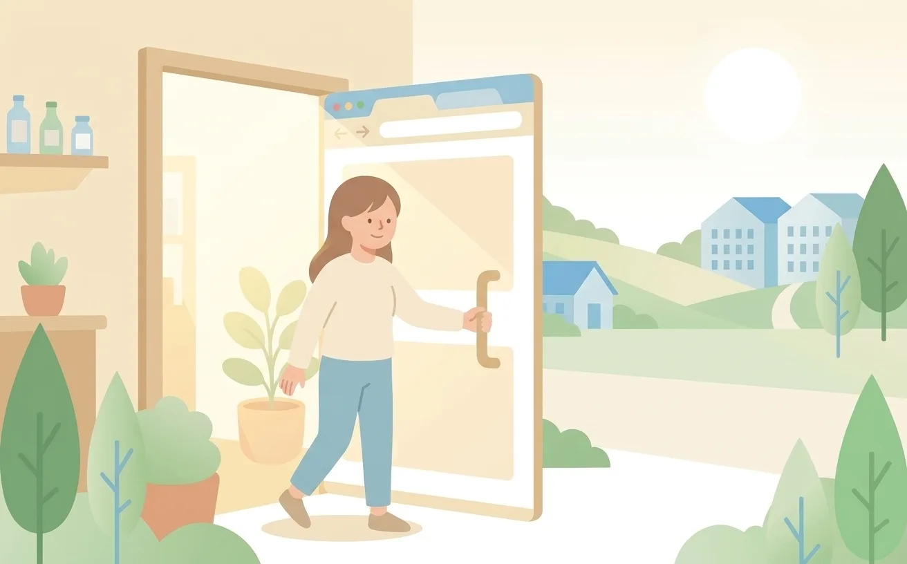 ブラウザの形をした扉を開けて踏み出す店主のイラスト
