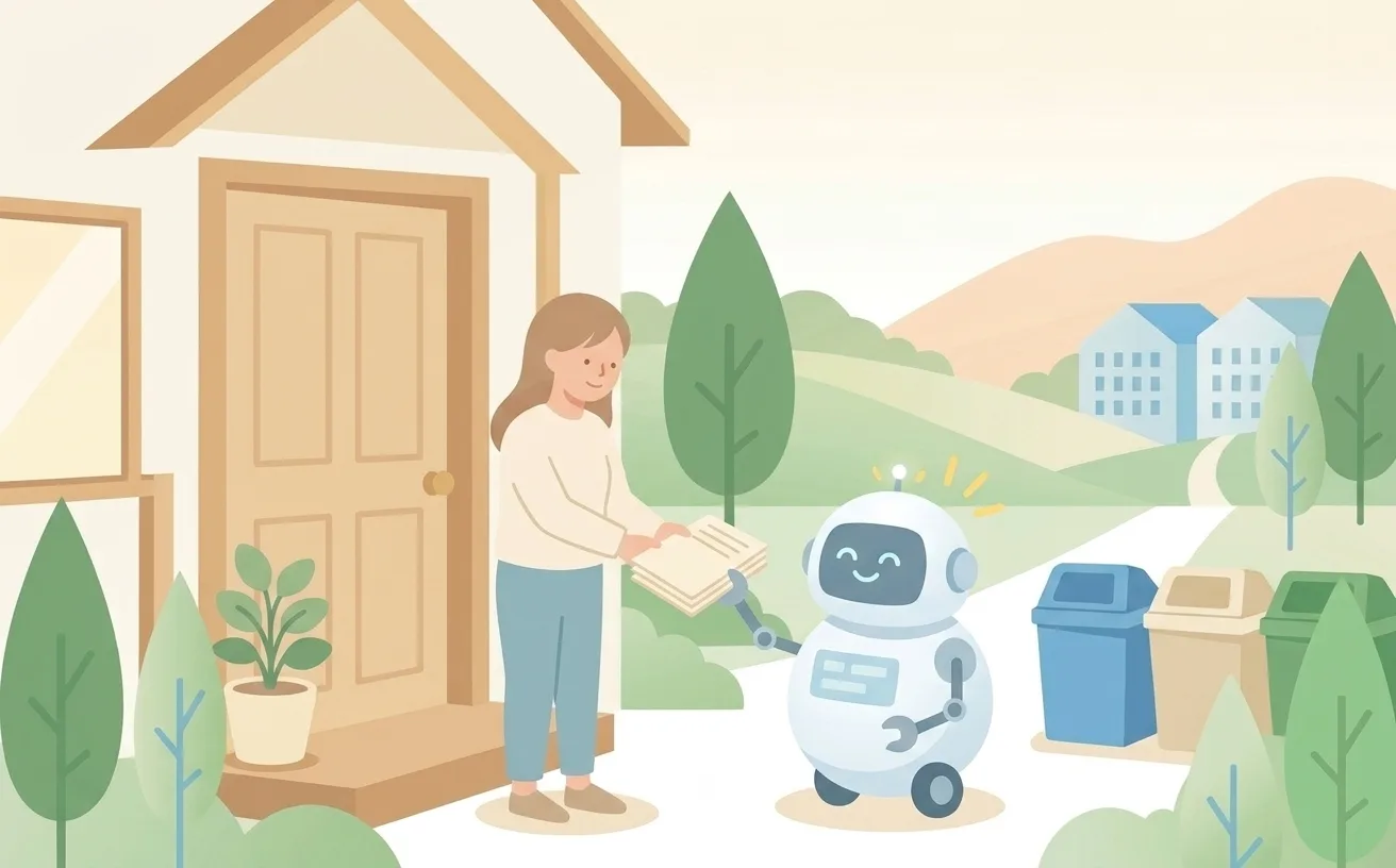 店主がAIロボットに書類を手渡すイラスト