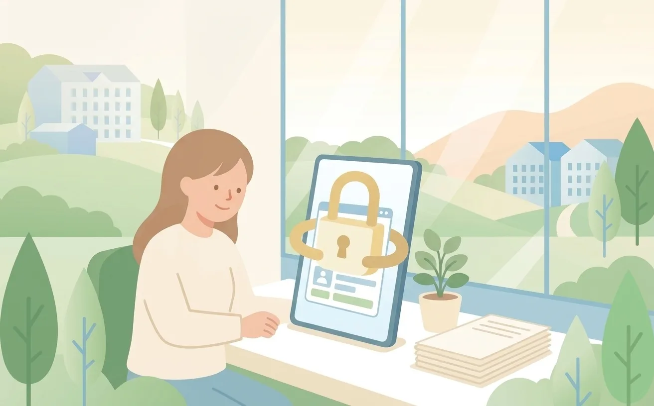 南京錠がウェブページをやさしく抱えているイラスト