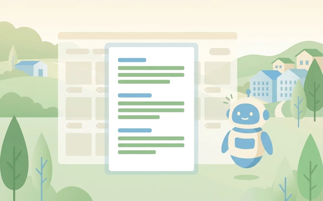 ウェブページの裏側の整然としたブロックをロボットが読み取るイラスト