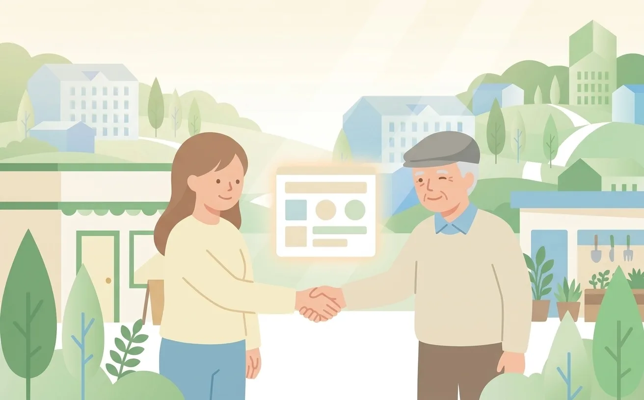 2人の店主が笑顔で握手を交わし、その間にホームページのカードが浮かんでいるイラスト