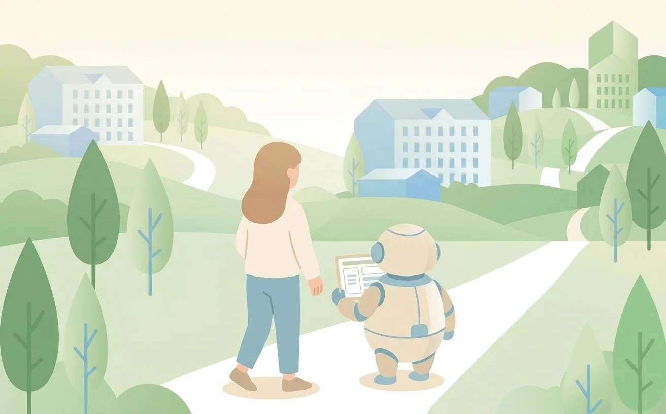 店主とAIロボットが並んで道を歩き、ホームページのカードを大事に抱えているイラスト