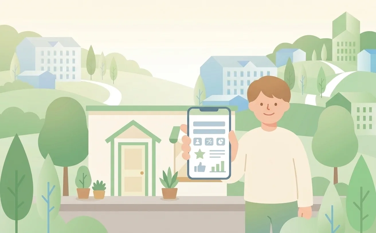 店先でスマートフォンに自分のホームページを表示して見せる店主のイラスト