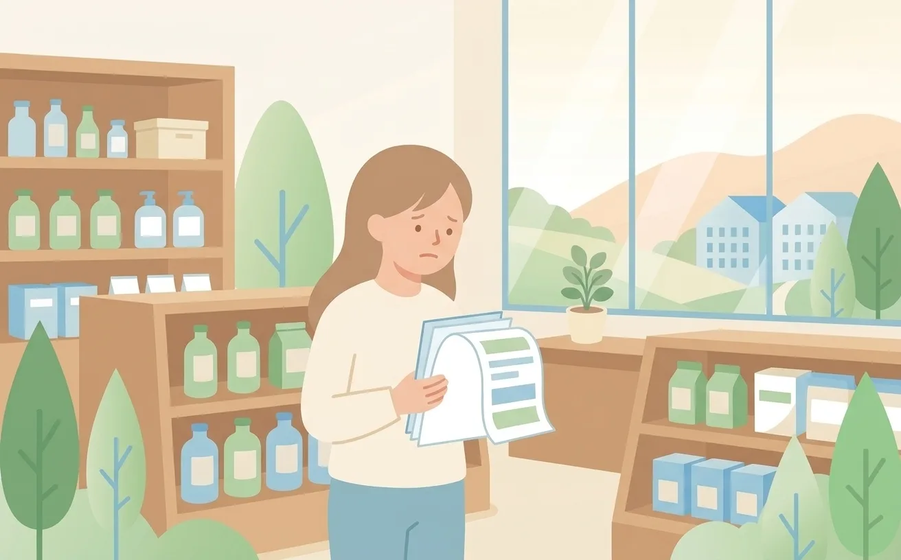 チラシを手に困っている小売店の店主のイラスト