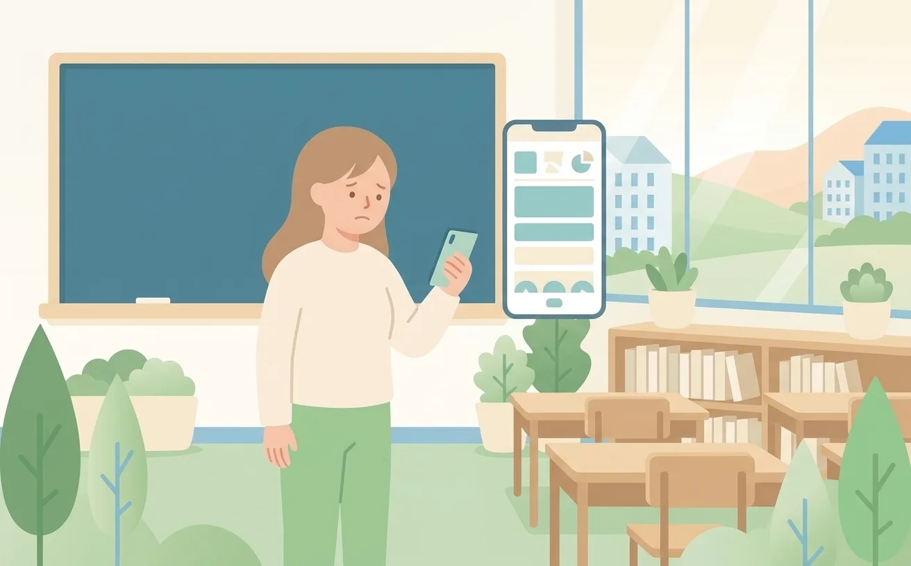 スマートフォンを見て困っている教室・スクールの先生のイラスト