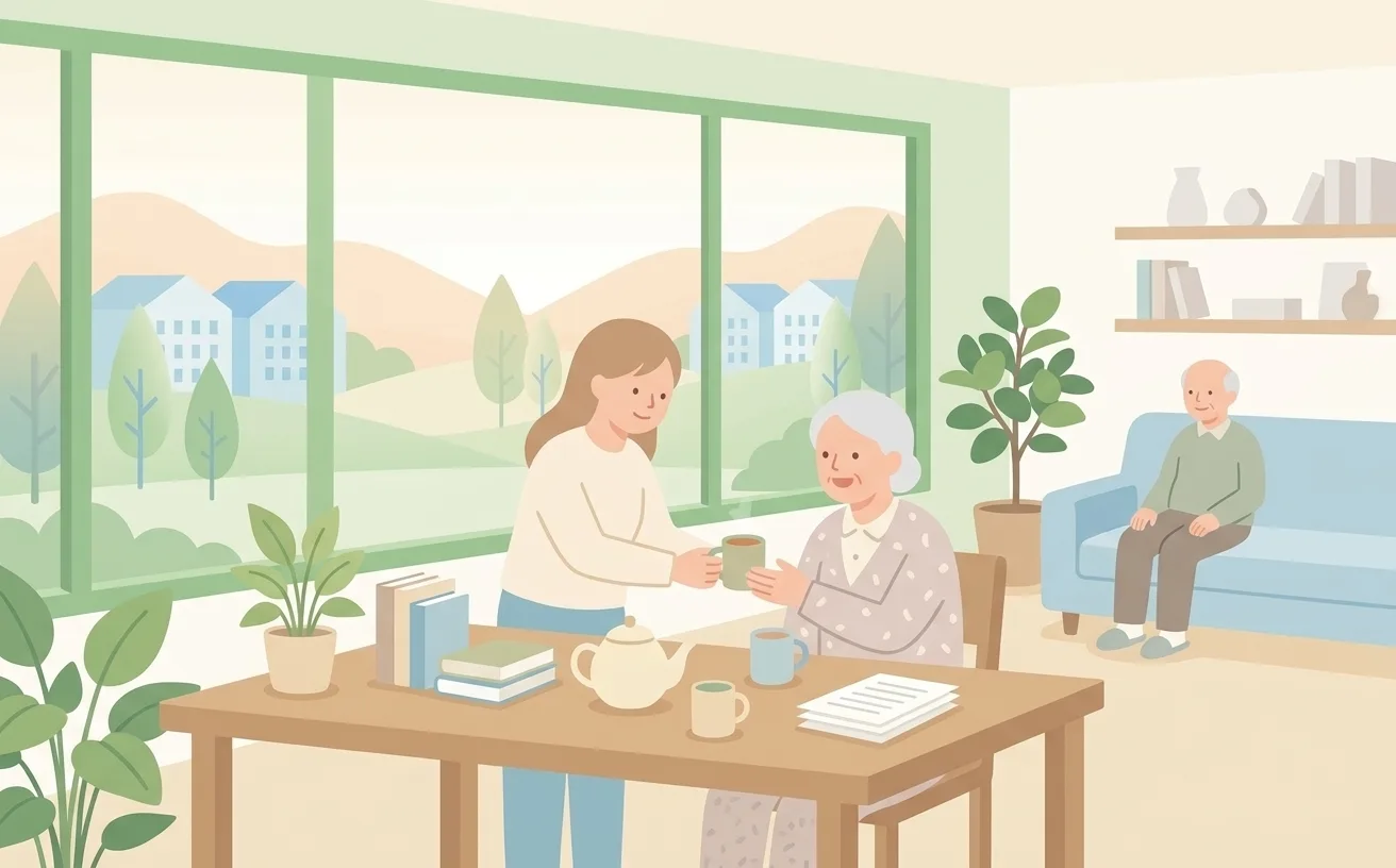 デイサービスの談話室でスタッフが高齢者にお茶を差し出しているイラスト