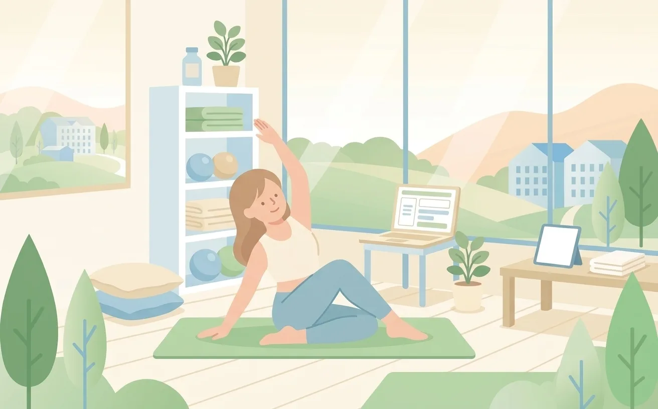 明るいスタジオでインストラクターがポーズをとっているイラスト