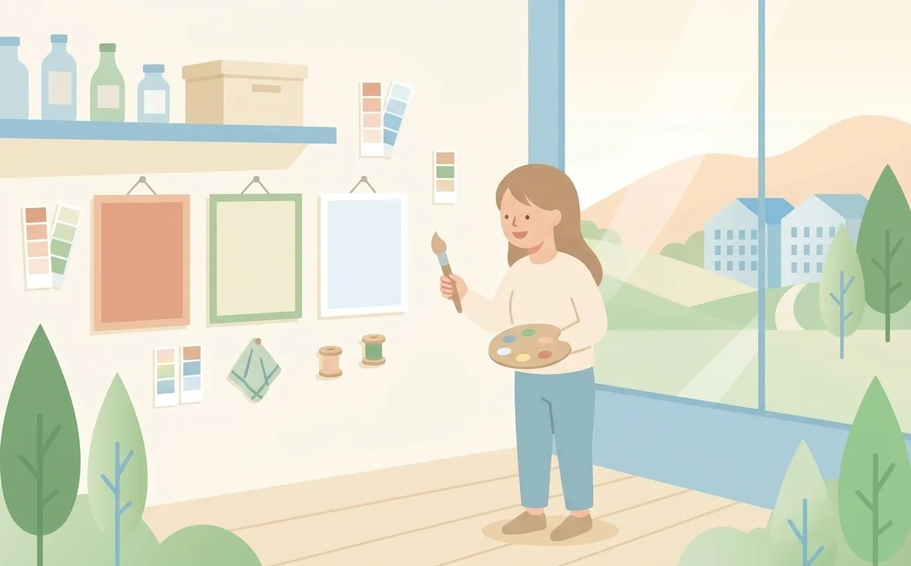 店主が壁に掛かった3枚の雰囲気の違うテンプレートカードを、絵筆とパレットを手に見比べているイラスト